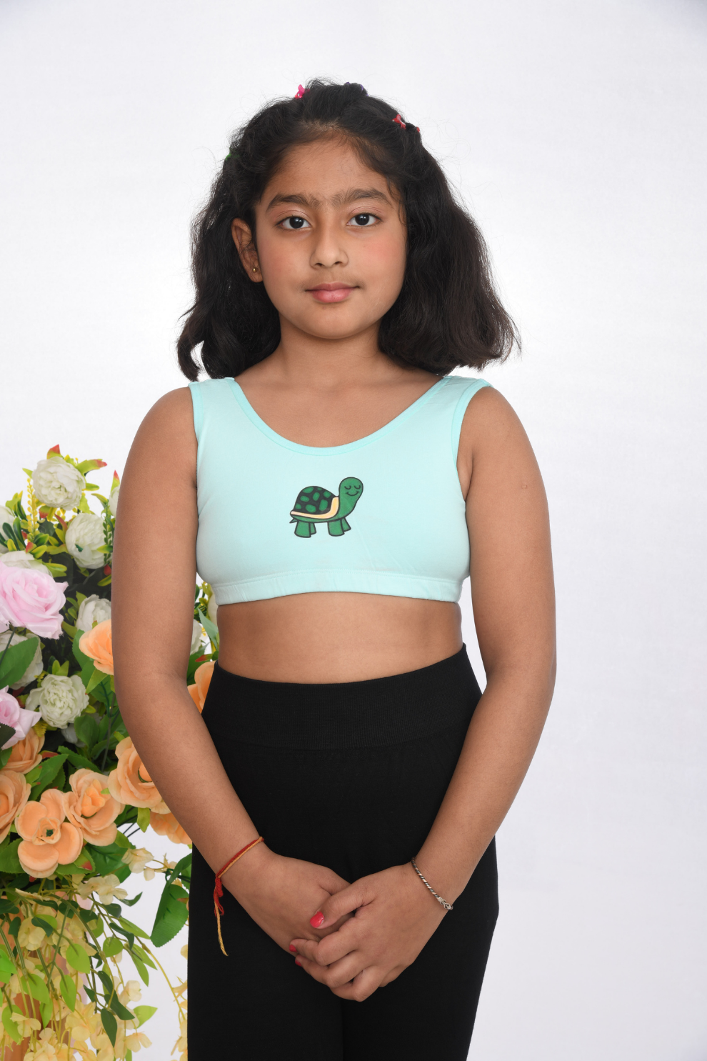 teen age training printed sports bra, age 8 to 18, soft cotton durable sea green  front view