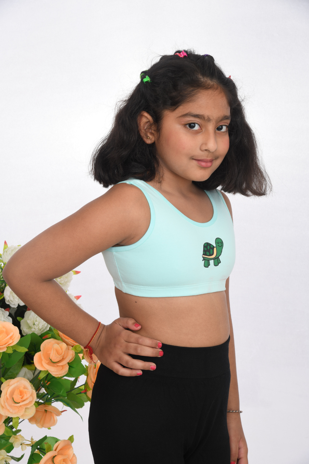 teen age training printed sports bra, age 8 to 18, soft cotton durable sea green  side view