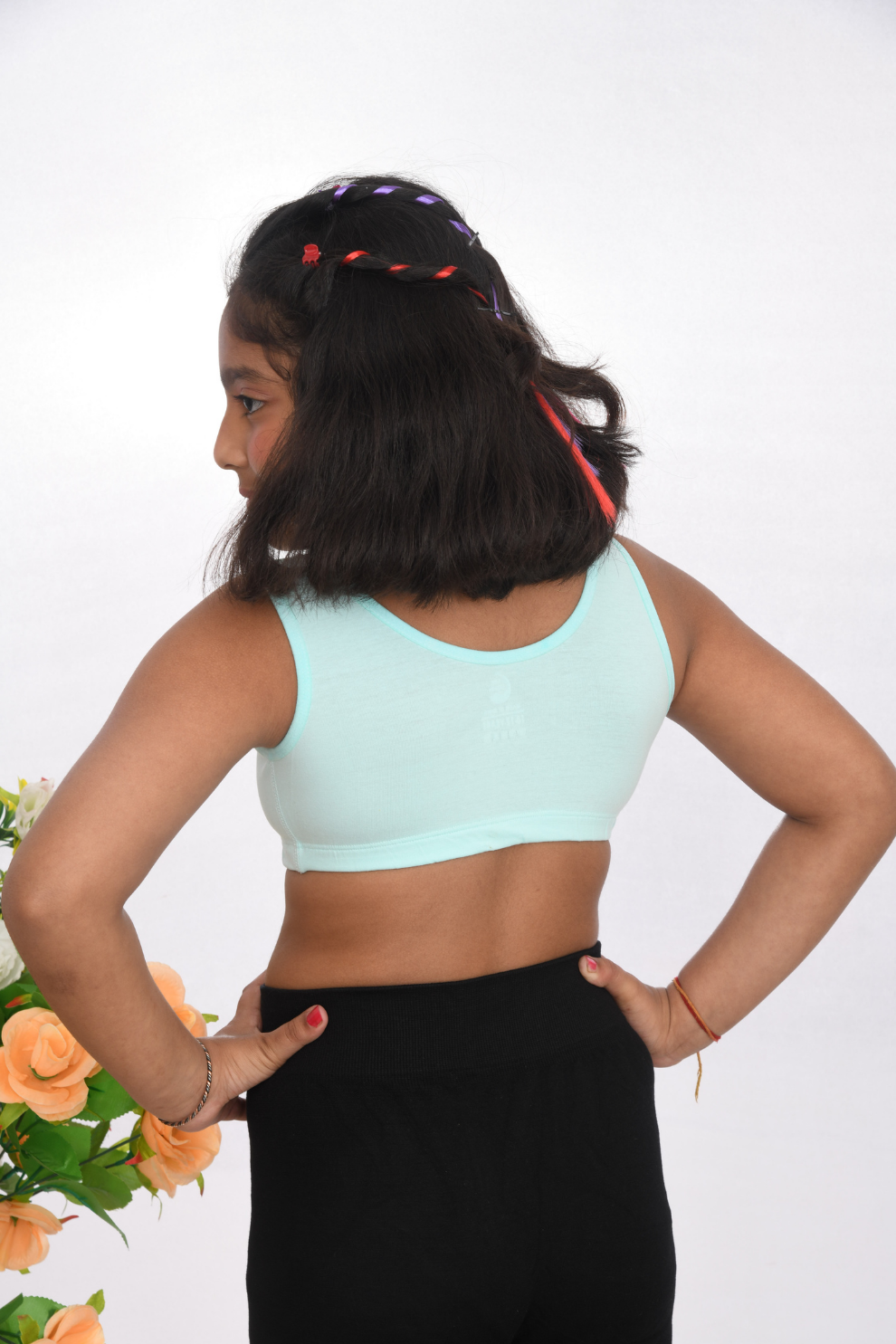 teen age training printed sports bra, age 8 to 18, soft cotton durable sea green  back view