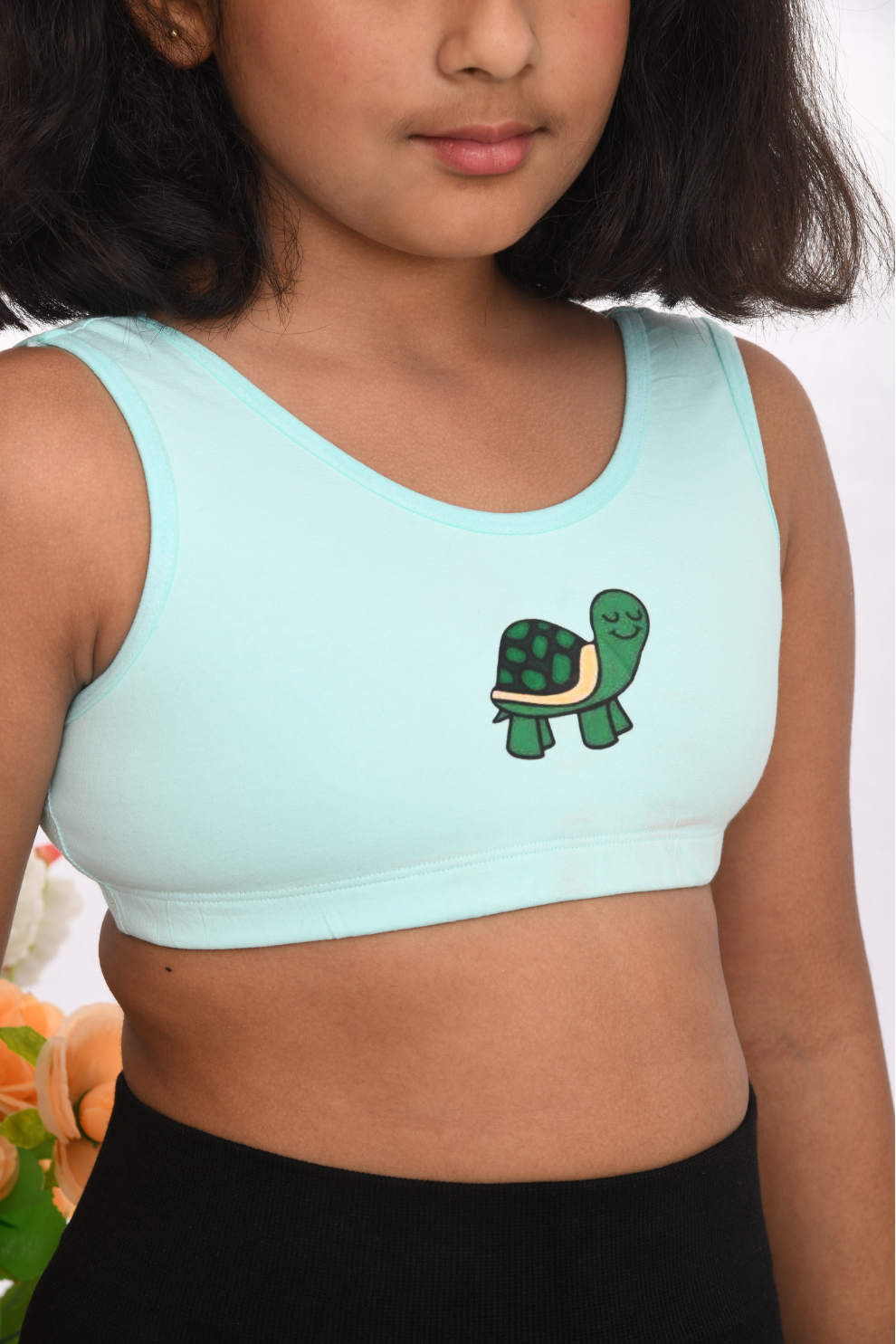 teen age training printed sports bra, age 8 to 18, soft cotton durable sea green  broad view