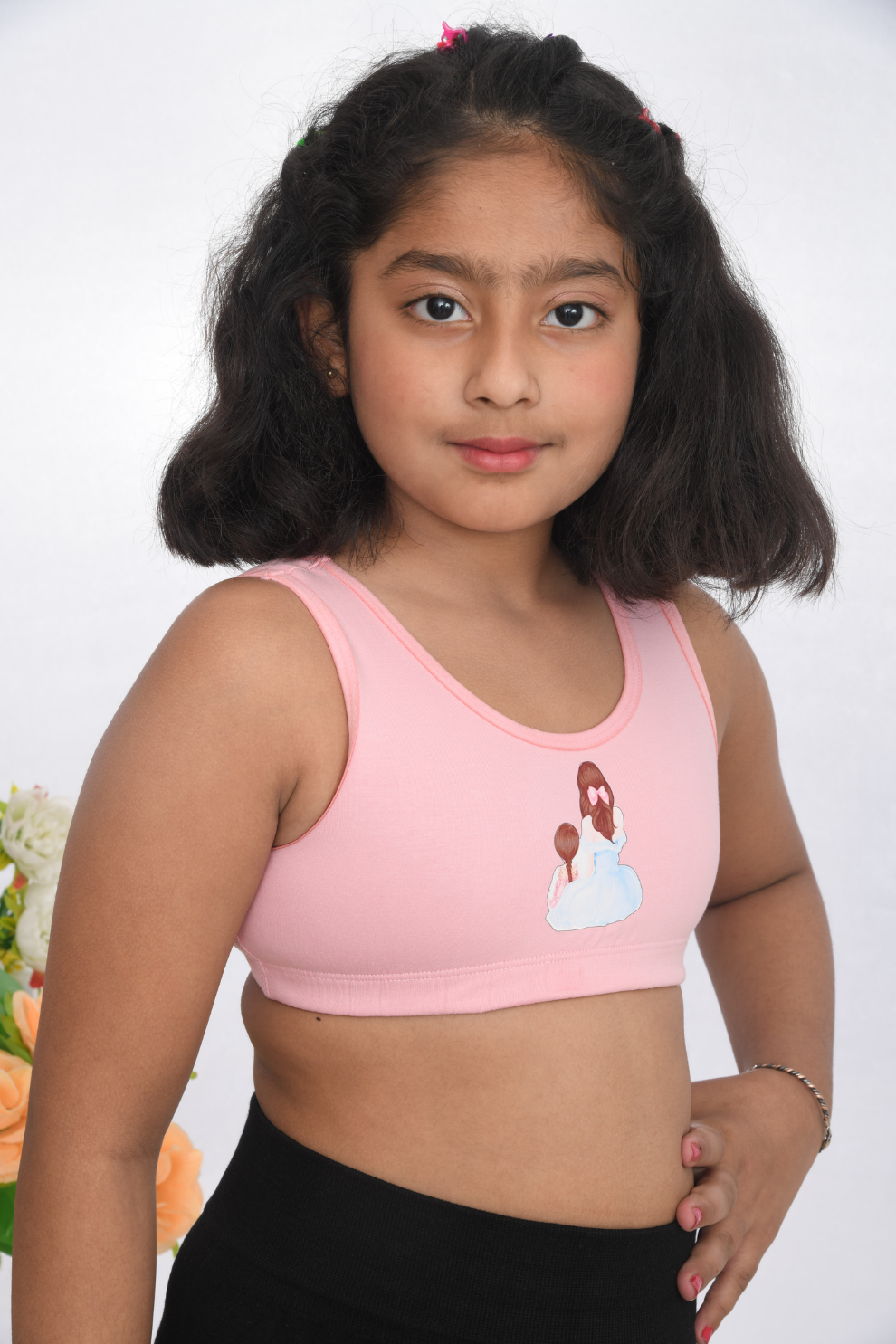 Growing girls training printed sports bra, age 8 to 18, soft cotton durable pink  side view