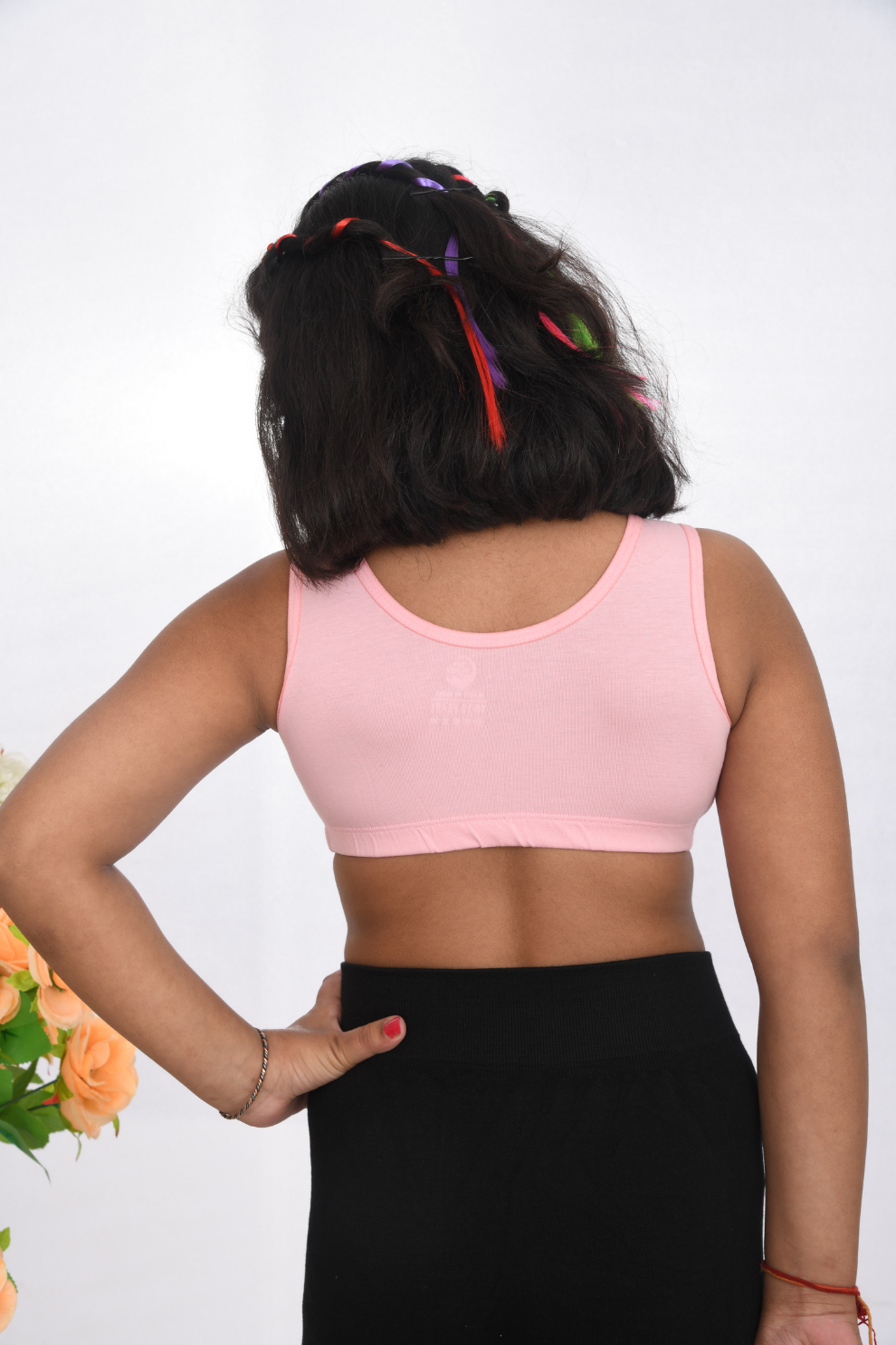 teen age training printed sports bra, age 8 to 18, soft cotton durable pink  back view