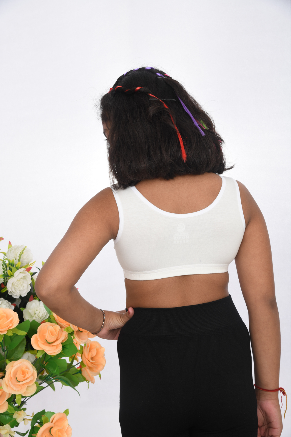 Growing girls training printed sports bra, age 8 to 18, soft cotton white  back view