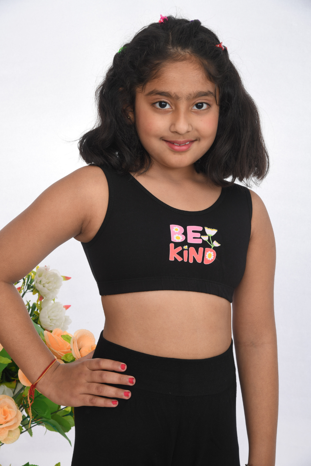 your first training sports printed bra, age 8 to 18, soft cotton black  side view