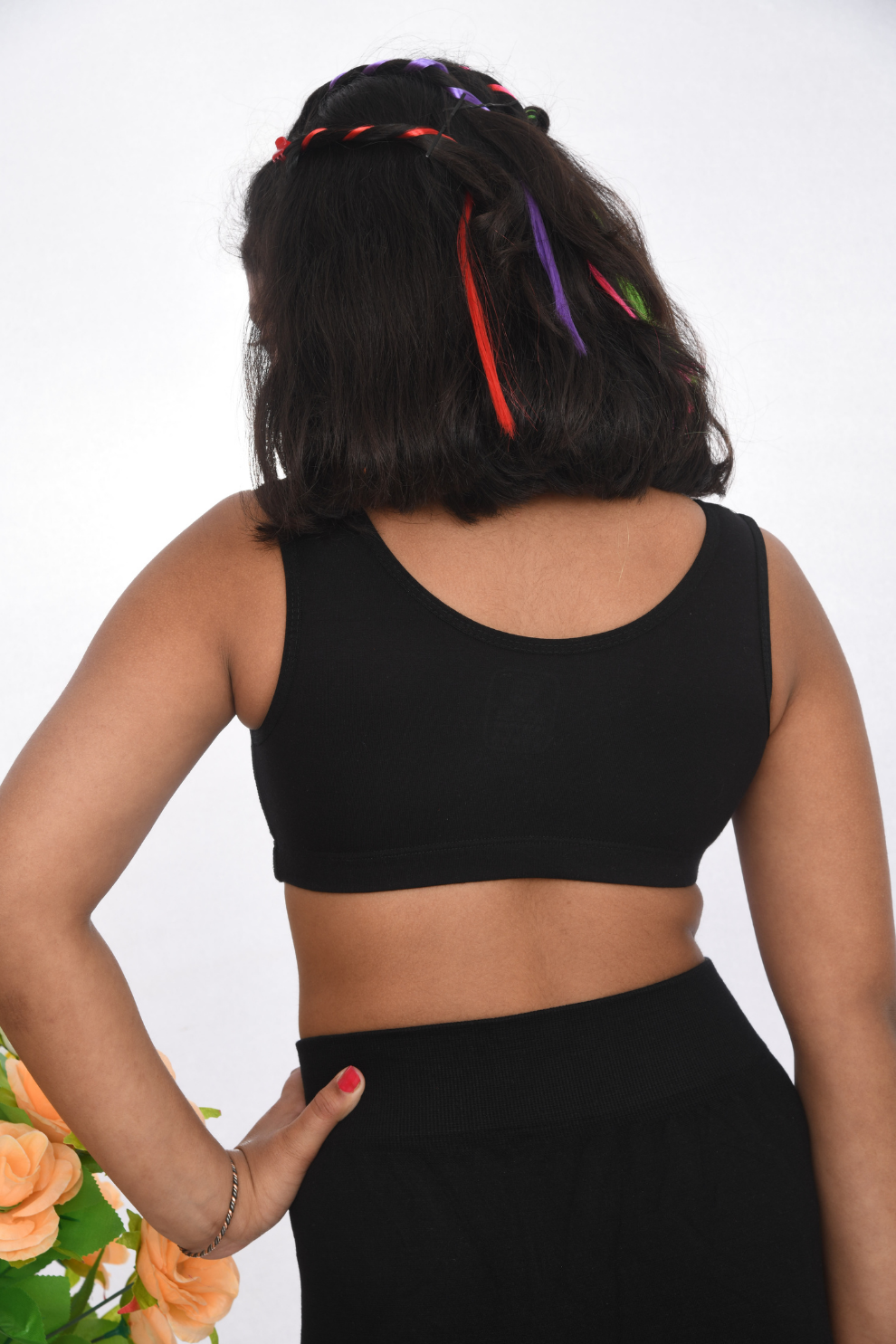 your first training sports printed bra, age 8 to 18, soft cotton black  back view