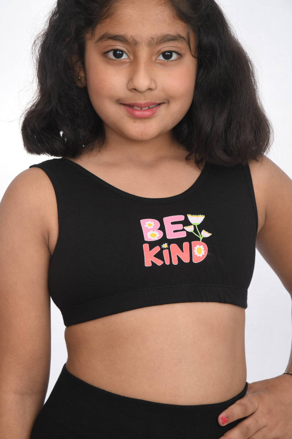 your first training sports printed bra, age 8 to 18, soft cotton black  broad view