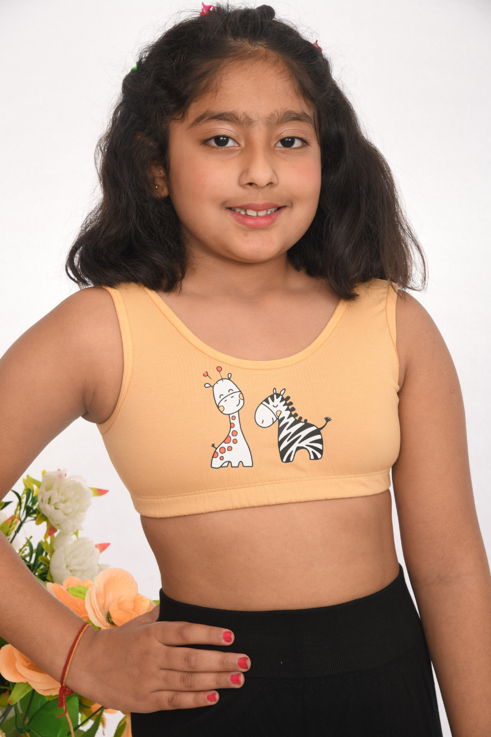 Kids training printed sports bra, age 8 to 18, soft cotton durable Beige front view