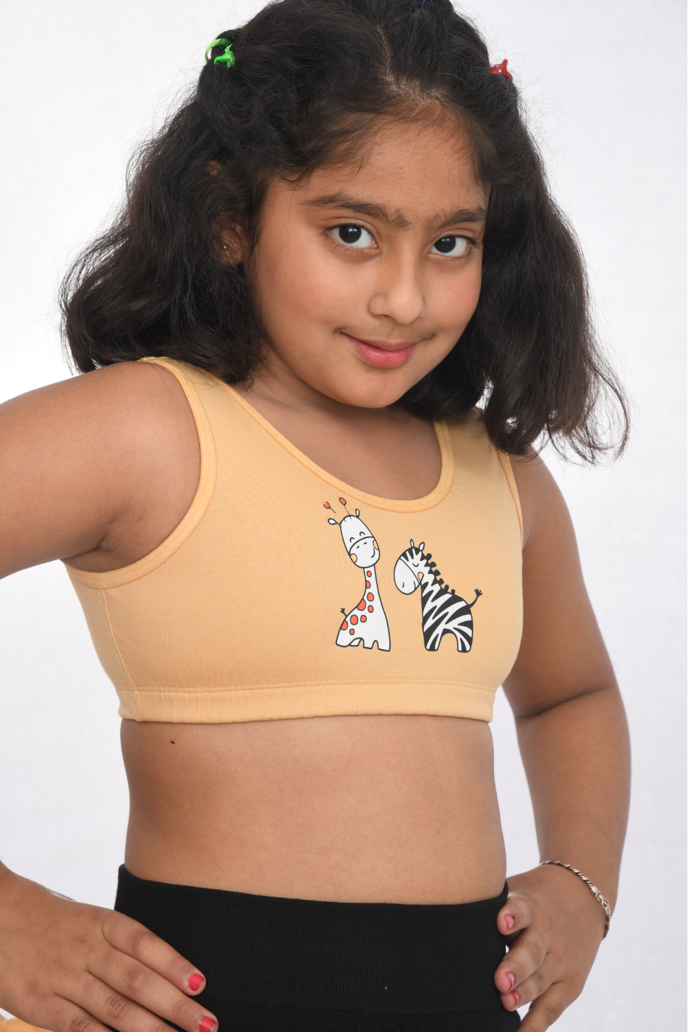 Kids training printed sports bra, age 8 to 18, soft cotton durable Beige side view
