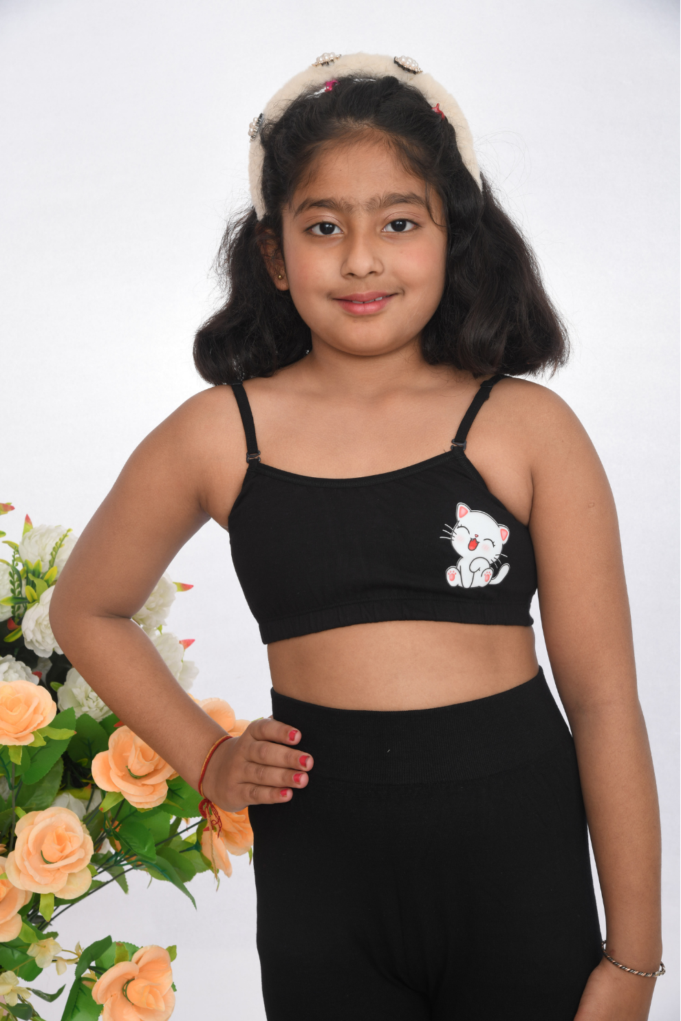 Suno Chanda black printed training bra for girls colourful character design Front view