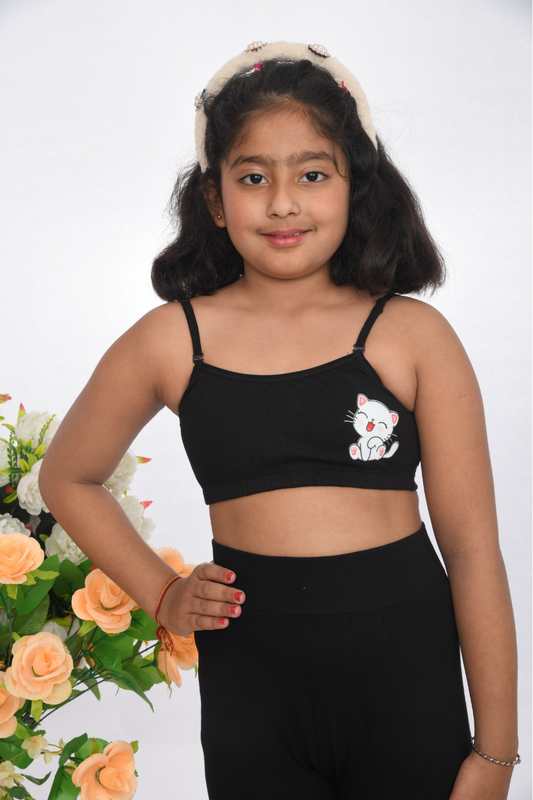 Suno Chanda black printed training bra for girls colourful character design Front view