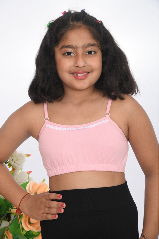 Pink lace strap training bra for girls soft cotton kids innerwear Suno Chanda Front view pink