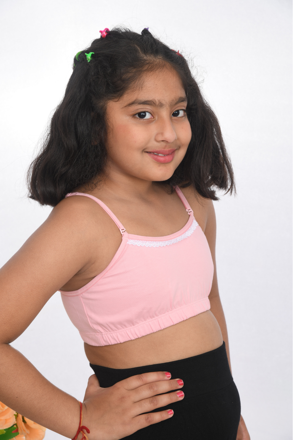 Pink lace strap beginner bra for girls soft cotton kids innerwear Suno Chanda side view pink
