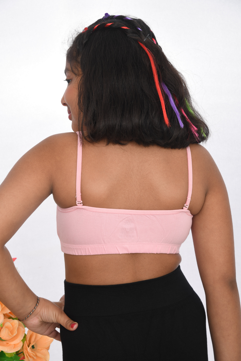 Pink lace strap starter bra for girls soft cotton kids innerwear Suno Chanda back view pink