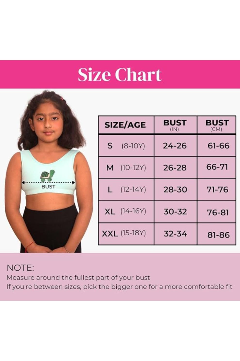 Size chart for kids bra & training bra - girls age 8-18